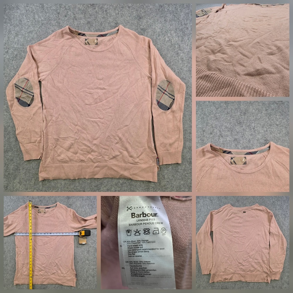 Barbour Pendle Crew Sweater Womens Medium? Pink Wool Blend Elbow Patch Pullover